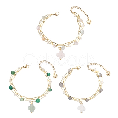 3Pcs Natural Morganite & Green Agate & Labradorite Beads Multi-layered Bracelets BJEW-JB12217-1