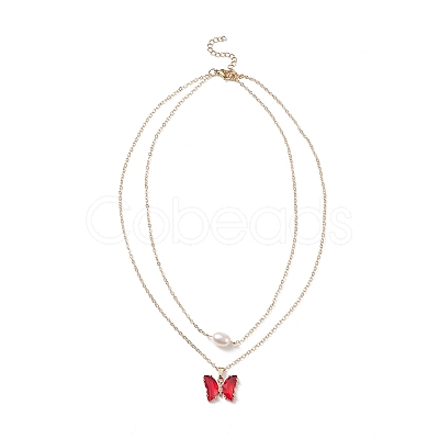 4Pcs 4 Color Glass Butterfly & Natural Pearl Pendants Double Layer Necklaces Set with Clear Cubic Zirconia NJEW-TA00043-1