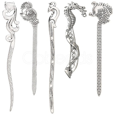 10Pcs 5 Styles Fox Swan Peacock Tibetan Style Alloy Bookmarks FIND-SC0009-01-1