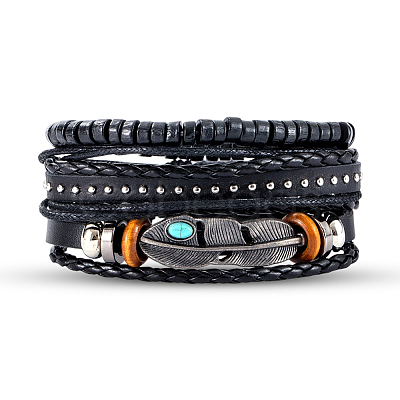 1Pc Cowhide & Imitation Leather Cord Knitted Multi-strand Bracelets AJEW-GF0011-50E-1