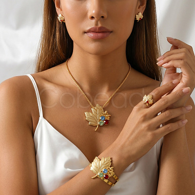 Maple Leaf Alloy Colorful Rhinestone Pendant Necklaces & Stud Earrings & Cuff Bangles & Cuff Rings Sets for Women WGFFE4E-01-1