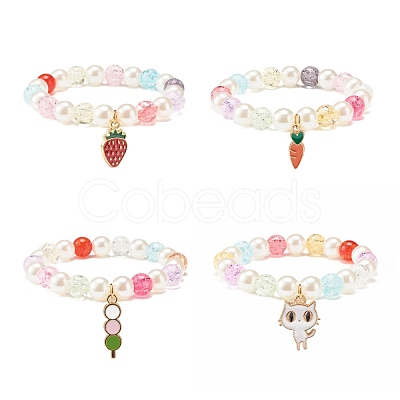 Candy Color Round Beaded Stretch Bracelet with Enamel Charm for Kid BJEW-JB07637-1