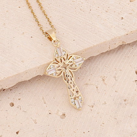 Brass Micro Pave Cubic Zirconia Cross Pendant Necklaces FS-WG7675B-05-1