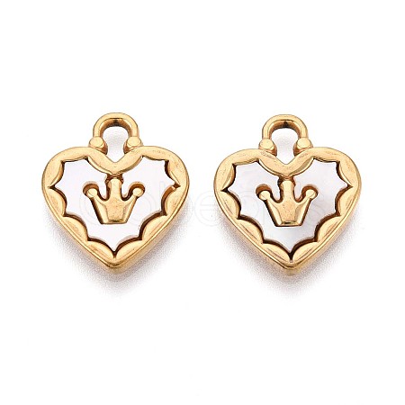 304 Stainless Steel Pave Natural White Shell Crown Heart Pendants STAS-N110-22A-G-1