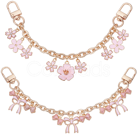 2Pcs 2 Styles Pink Zinc Alloy Enamel Bowknot Flower Charm Cable Chain Purse Chains FIND-BBC0004-59-1