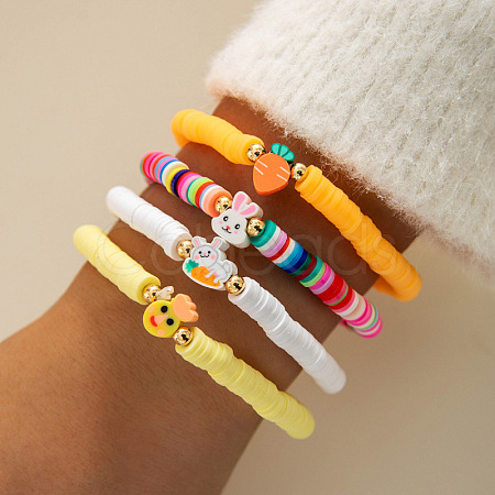4Pcs Easter Acrylic & CCB Plastic & Polymer Clay Beads Stretch Bracelets for Women FS-WG063BF-01-1