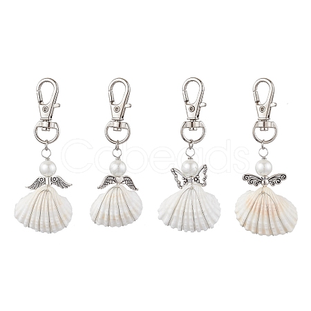 4Pcs 4 Styles Angel Alloy & Wire Wrapped Natural Shell Pendant Decorations HJEW-JM02017-1