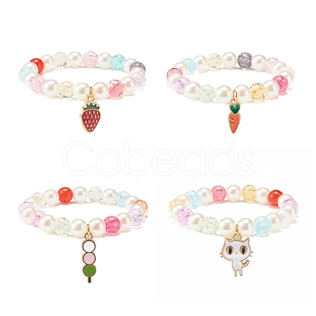 Candy Color Round Beaded Stretch Bracelet with Enamel Charm for Kid BJEW-JB07637-1