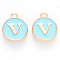 Golden Plated Alloy Enamel Charms, Cadmium Free & Lead Free, Enamelled Sequins, Flat Round with Letter, Sky Blue, Letter.V, 14x12x2mm, Hole: 1.5mm