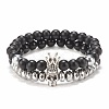 2Pcs 2 Style Synthetic Hematite & Black Stone & Natural Obsidian Stretch Bracelets Set with Cubic Zirconia Skull BJEW-JB08120-02-1