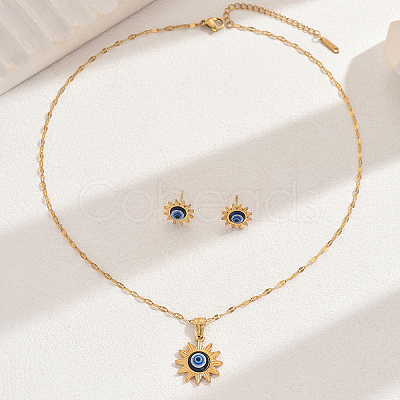 Vintage 201 Stainless Steel & Plastic Sun with Evil Eye Stud Earrings & Pendant Necklaces Set for Women EW9229-1