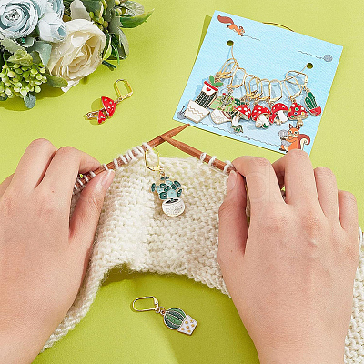 12Pcs 12 Style Cactus & Leaf & Mushroom Alloy Enamel Locking Stitch Markers HJEW-PH01501-1