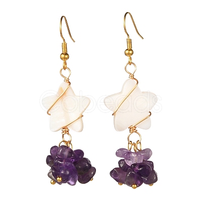Star with Cluster Chip Beads Long Dangle Earrings EJEW-JE04686-1