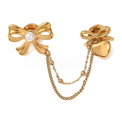 Bowknot & Heart 304 Stainless Steel & Plastic Pearl Hanging Chain Brooches JEWB-G049-02G-1