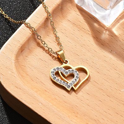 304 Stainless Steel Crystal Rhinestone Heart Pendant Cable Chain Necklaces for Women NJEW-Z056-01B-G-1