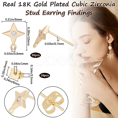 10Pcs Star Shape Brass Cubic Zirconia Stud Earring Findings KK-BBC0012-69-1
