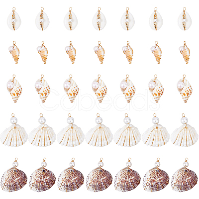 35Pcs 5 Styles Natural Mixed Shell Copper Wire Wrapped Pendants PALLOY-HS00027-1