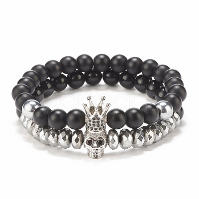 2Pcs 2 Style Synthetic Hematite & Black Stone & Natural Obsidian Stretch Bracelets Set with Cubic Zirconia Skull BJEW-JB08120-02-1