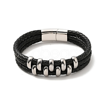 Leather Braided Triple Loops Multi-strand Bracelet with 304 Stainless Steel Magnetic Clasp for Men Women BJEW-C021-20-1