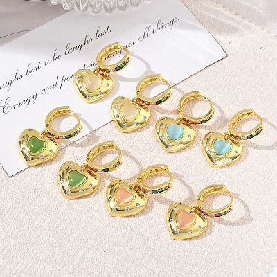 Brass Micro Pave Cubic Zirconia and Cat Eye Beads Heart Hoop Dangle Earrings KK-CBAD9DF-01G-1