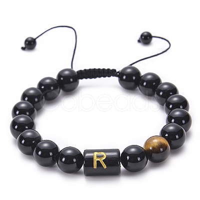 10MM Natural Black Onyx(Dyed & Heated) and Tiger Eye Alphabet Round Braided Bead Adjustable Bracelets for Women DM6424-18-1