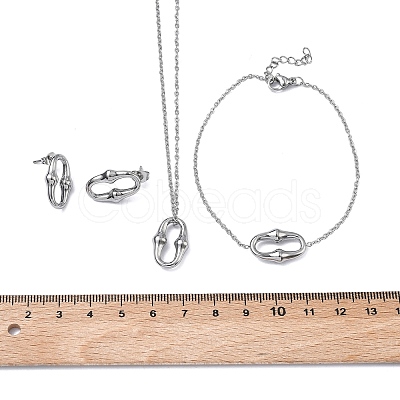 Oval 304 Stainless Steel  Pendant Necklacrs & Stud Earring & Link Bracelet Sets SJEW-C009-01P-1
