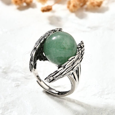 Natural Green Aventurine Wings Adjustable Rings RJEW-K241-04AS-12-1