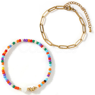 2Pcs 2 Styles Glass Seed Beads & Natural Shell & 304 Stainless Steel Beads Stretch Bracelest & Brass Paperclip Chain Bracelets Set for Women GY4605-23-1