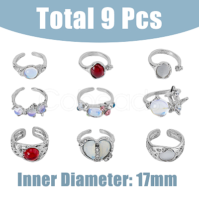 9Pcs 9 Style Cat Eye & Cubic Zirconia Open Cuff Rings Set RJEW-FI0001-12-1