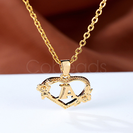 Brass Rose Flower Heart with Letter Pendant Cable Chain Necklaces FS-WG42461-01-1
