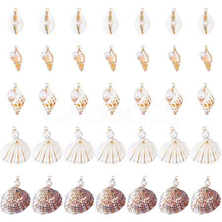 35Pcs 5 Styles Natural Mixed Shell Copper Wire Wrapped Pendants PALLOY-HS00027-1