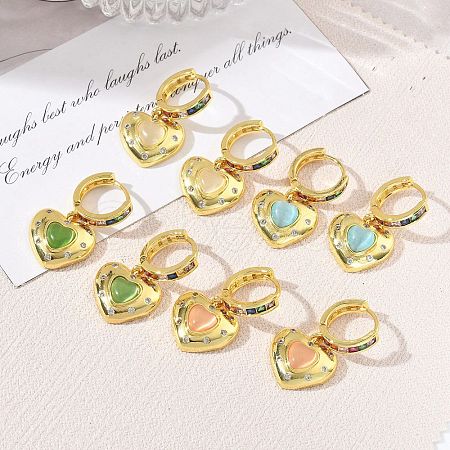 Brass Micro Pave Cubic Zirconia and Cat Eye Beads Heart Hoop Dangle Earrings KK-CBAD9DF-01G-1