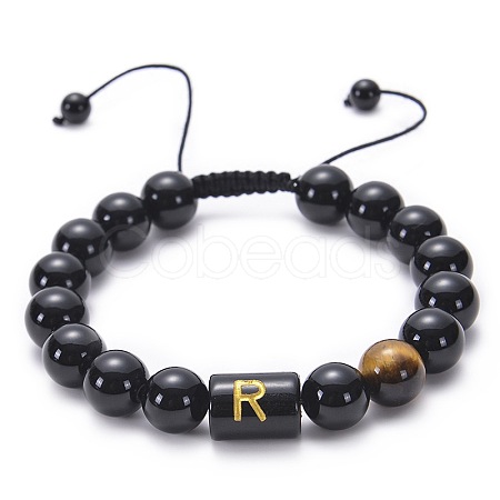 10MM Natural Black Onyx(Dyed & Heated) and Tiger Eye Alphabet Round Braided Bead Adjustable Bracelets for Women DM6424-18-1