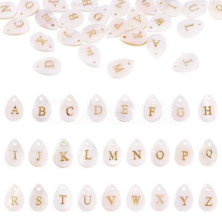 26Pcs 26 Styles Natural Shell Teardrop Charms with Golden Tone Metal Letter Slices SHEL-TAC0004-02-1