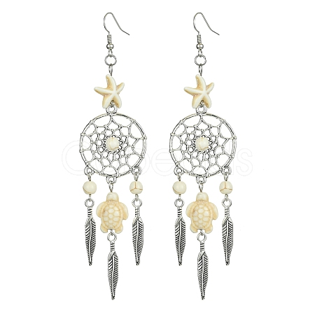 Web with Feather Alloy Chandelier Earrings EJEW-JE05464-02-1