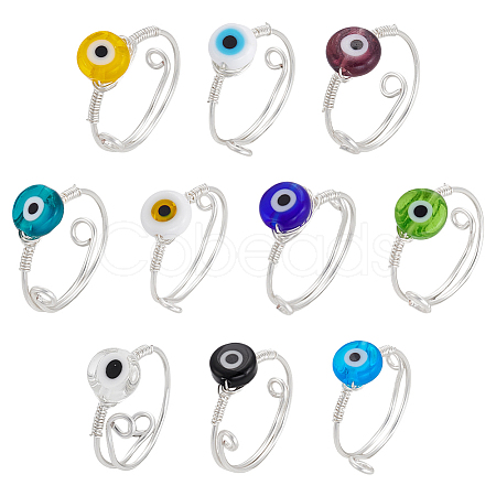 10Pcs 10 Colors Copper Wire Wrapped Flat Round Evil Eye Lampwork Finger Rings RJEW-UN00052-1
