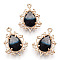 Golden Tone Brass Pendants, with Faceted Glass, Teardrop, Black, 25.5x19x6mm, Hole: 1.6mm