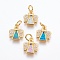 Brass Cubic Zirconia Pendants, with Synthetic Opal, Angel, Golden, Mixed Color, 14.5x12x2.5mm, Hole: 4mm