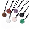 Natural Gemstone Flat Round with Tree of Life Pendant Necklace with Nylon Cord for Women NJEW-P274-03-1