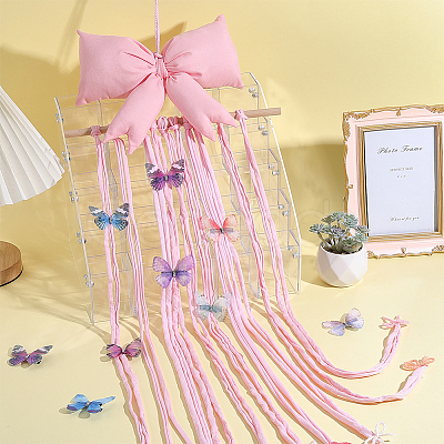 Polyester Bowknot & Wood Hair Clips Storage Hangers with Yarn AJEW-WH0596-944-1