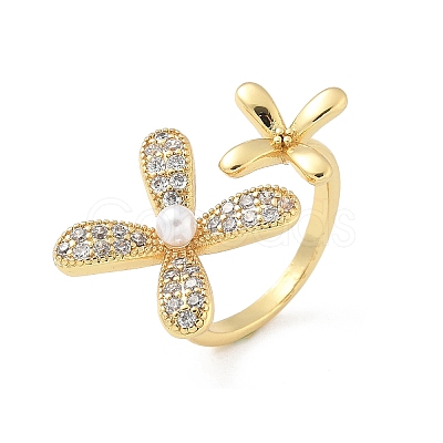 Brass Micro Pave Cubic Zirconia ABS Imitation Pearl Cuff Rings RJEW-D307-02G-A-1