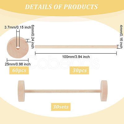 Olycraft 30 Set Chinese Cherry Wood Unfinshed Wheel & Stick DIY-OC0010-68B-1