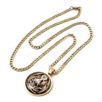 201 Stainless Steel Glass Flat Round with Archangel Michael Pendant Necklaces for Women NJEW-M105-09G-1
