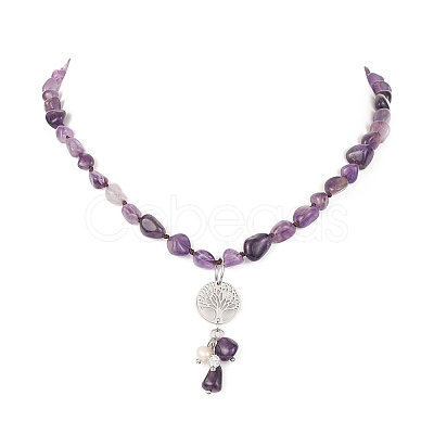 Natural Amethyst & Pearl & Cubic Zirconia Tree of Life Pendant Necklace NJEW-JN04335-01-1