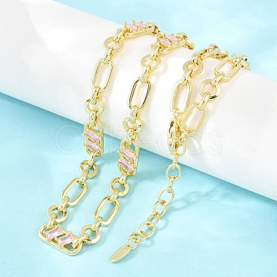 7MM Brass Pave Cubic Zirconia Figaro Chain Necklaces NJEW-D324-05G-05-1