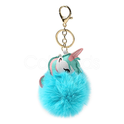Imitation Rex Rabbit Fur Ball & PU Leather Unicorn Pendant Keychain KEYC-K018-01KCG-01-1