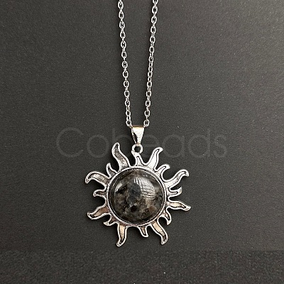 Natural Larvikite Sun Pendant Alloy Chain Vintage Necklaces WB3716-13-1