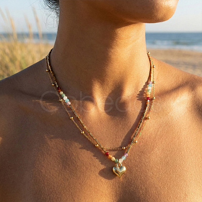 Rainbow Glass & Natural Stone & Brass Beaded Stainless Steel Chain Double Layer Necklaces with Heart Pendant for Beach Vacation Accessories TH6527-1-1