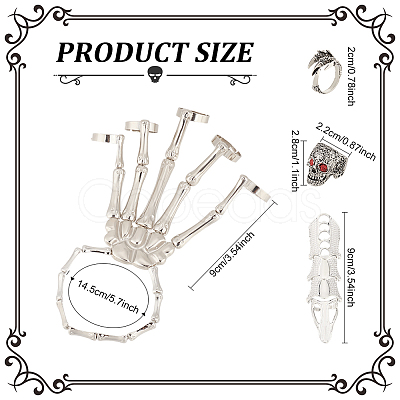 ANATTASOUL Siam Rhinestone Skull Wide Dome & Eagle Claw & Finger Nail Tip Claw Rings & Skeleton Full Hand Ring Bracelet AJEW-AN0007-07-1