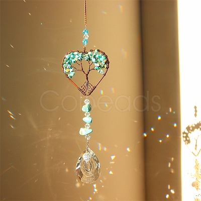 Synthetic Turquoise Chip Wrapped Heart with Tree of Life Hanging Ornaments PW-WG90532-08-1